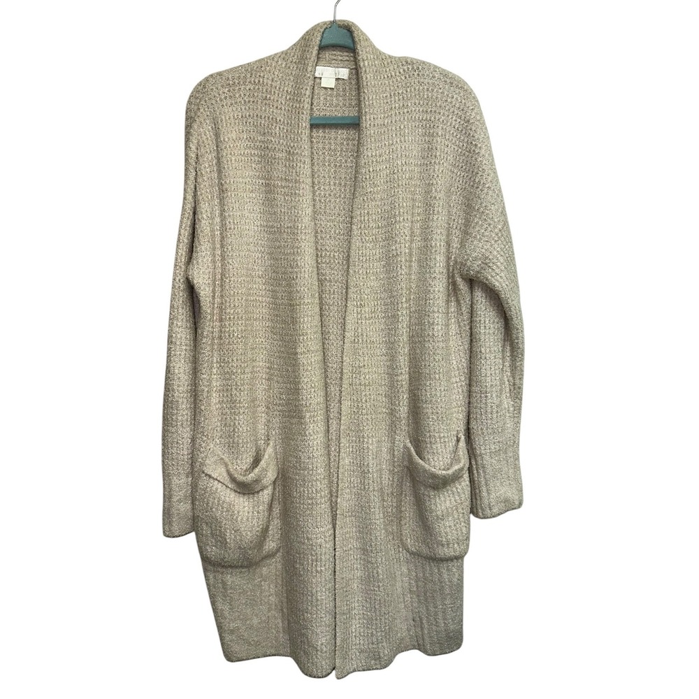 Barefoot Dreams CozyChic Lite Long Open Front Cardigan Oatmeal Pocket Sweater M